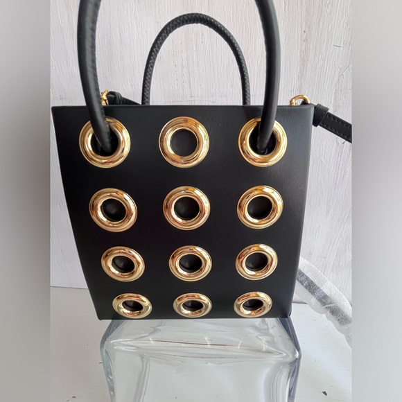 MOSCHINO Heart of Wool Leather Shoulder Bag- Black Gold - Picture 5 of 15